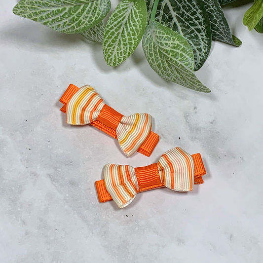 Orange Stripe Mini Bow Hair Clips - set of 2