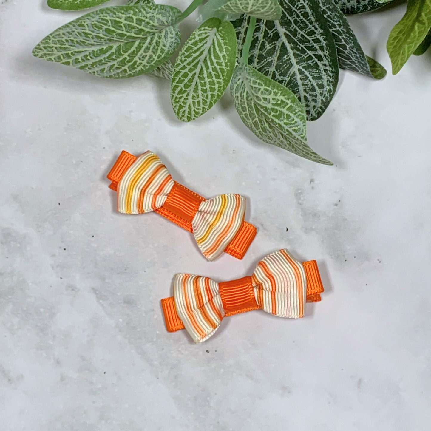 Orange Stripe Mini Bow Hair Clips - set of 2