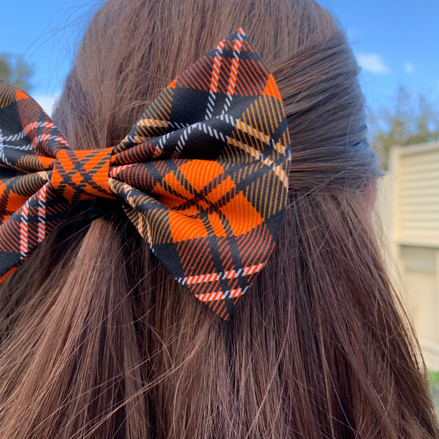 Orange Tartan Bow Hair Clip