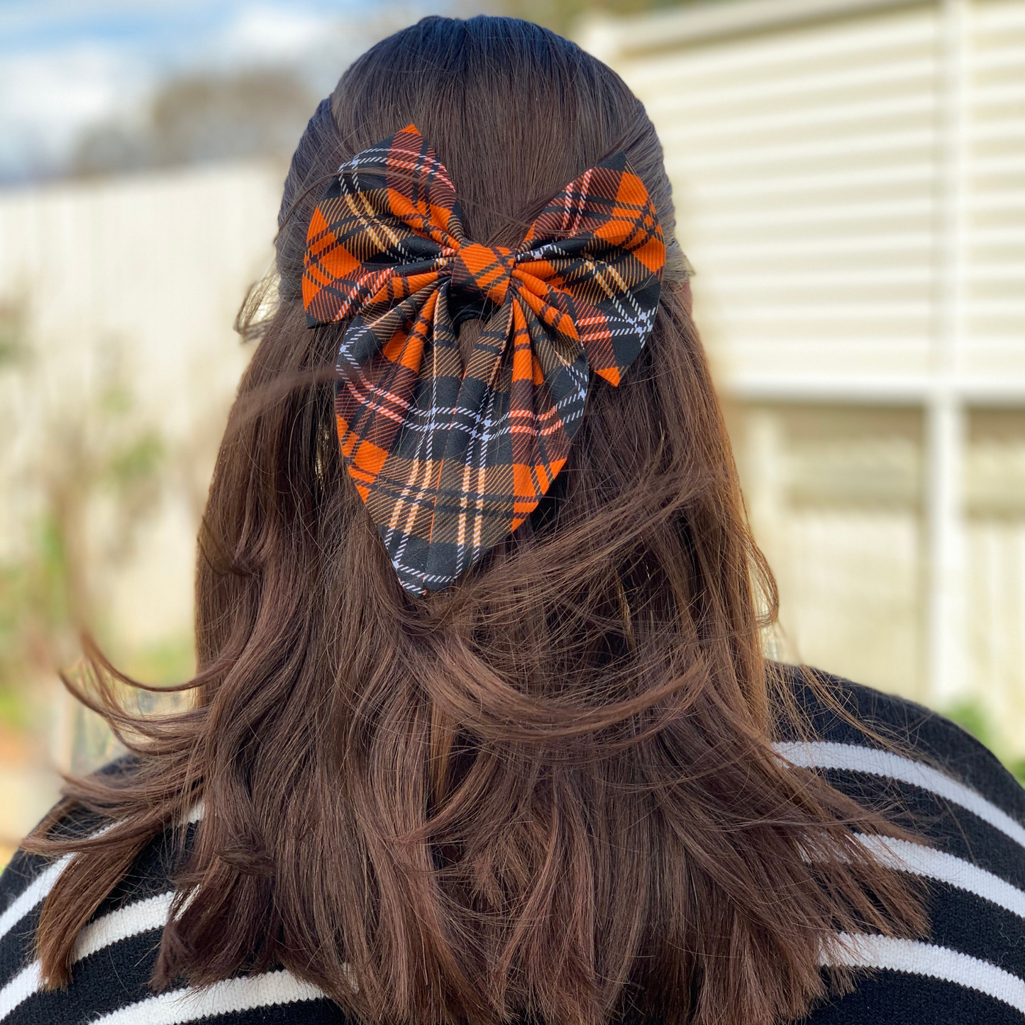 Orange Tartan Bow with Tails Hair Clip