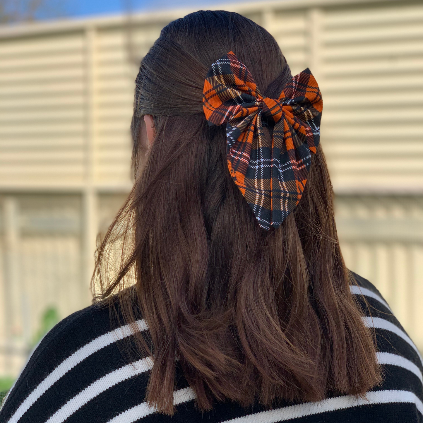 Orange Tartan Bow with Tails Hair Clip