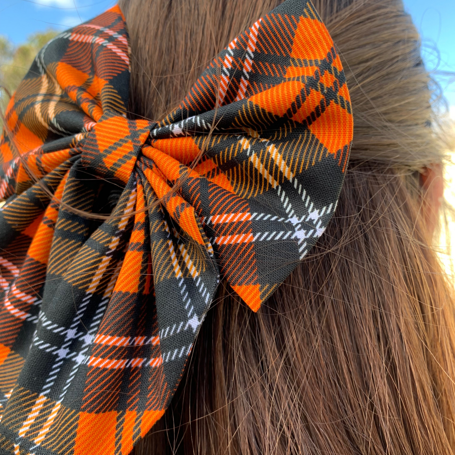 Orange Tartan Bow with Tails Hair Clip