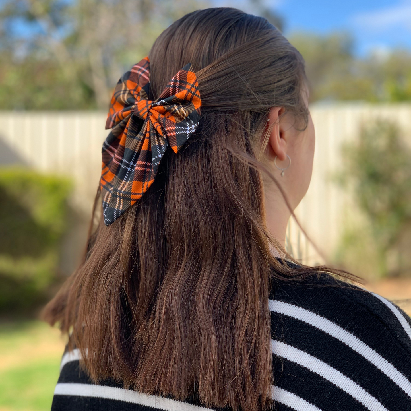 Orange Tartan Bow with Tails Hair Clip