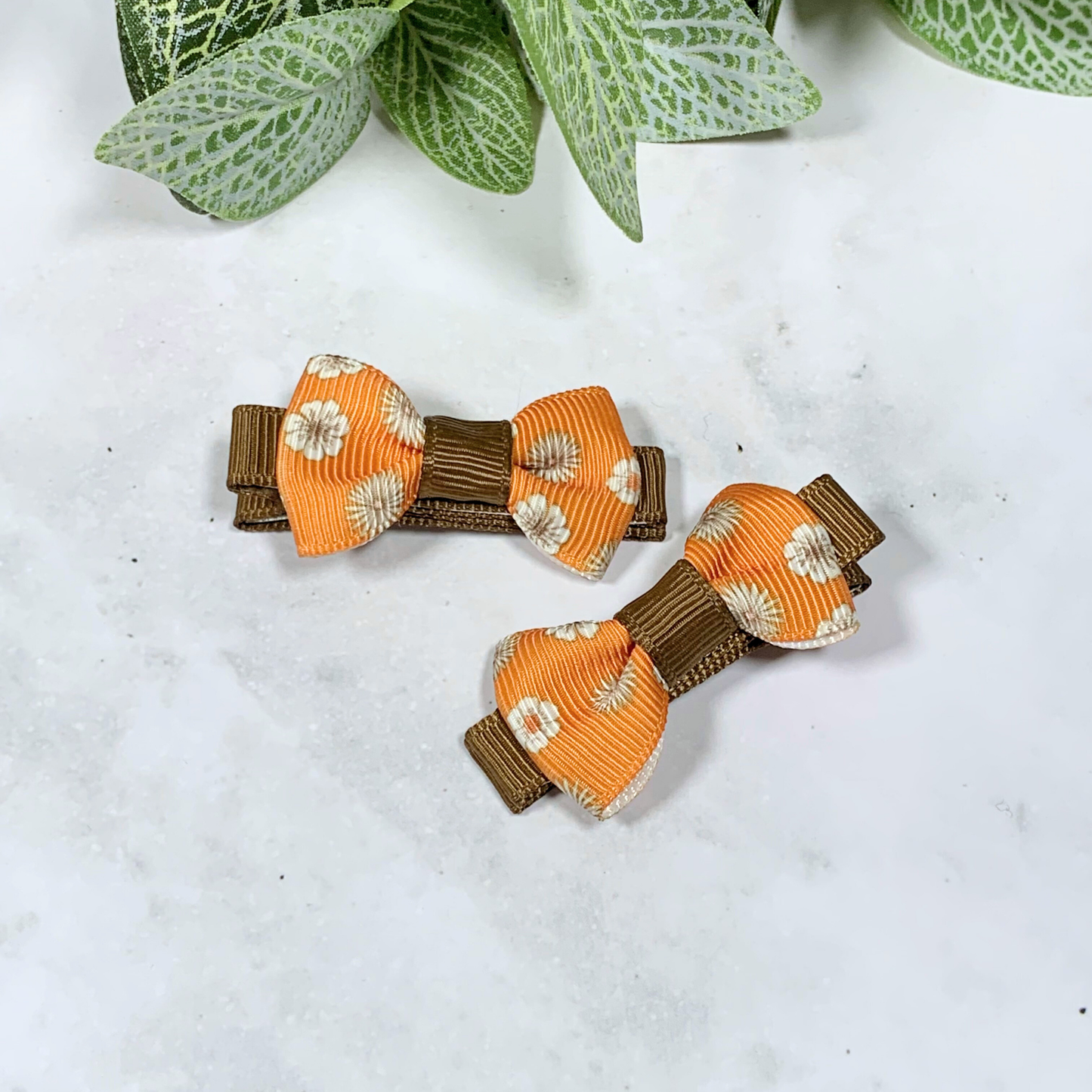Orange & Brown Floral Mini Bow Hair Clips - set of 2