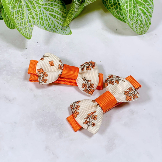 Orange & Cream Floral Mini Bow Hair Clips - set of 2