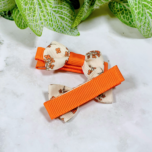 Orange & Cream Floral Mini Bow Hair Clips - set of 2