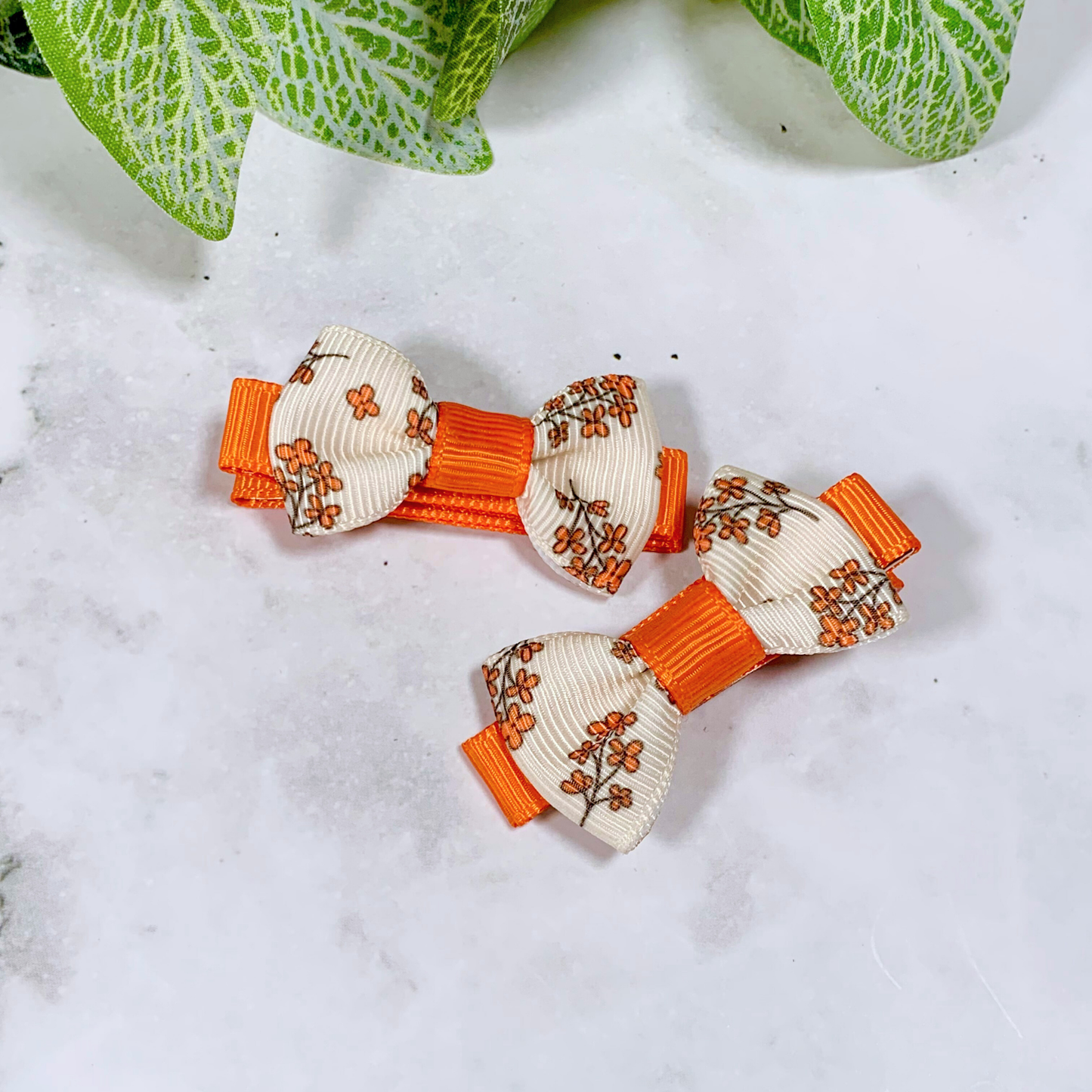 Orange & Cream Floral Mini Bow Hair Clips - set of 2