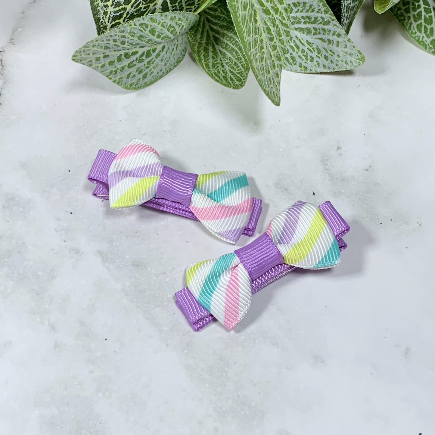 Pastel Candy Stripe Mini Bow Hair Clips - set of 2