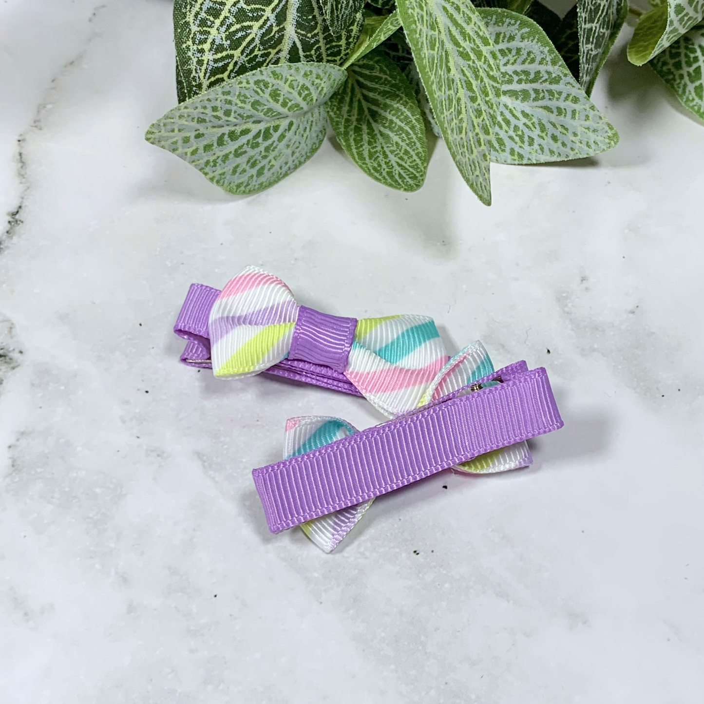 Pastel Candy Stripe Mini Bow Hair Clips - set of 2