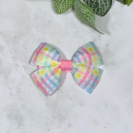 Pastel Plaid Daisy Small Bow Hair Clip