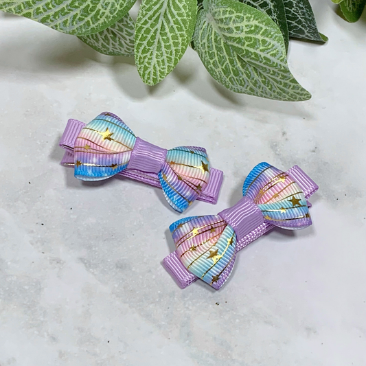 Pastel Ombre with Gold Stars Mini Bow Hair Clips - set of 2