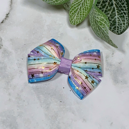 Pastel Ombre with Gold Stars Small Bow Hair Clip