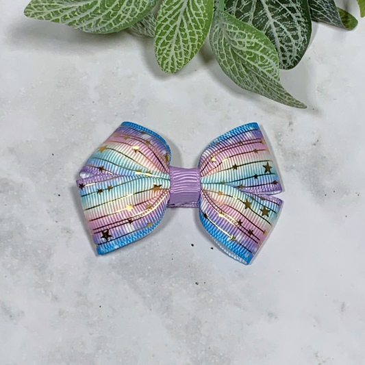 Pastel Ombre with Gold Stars Small Bow Hair Clip