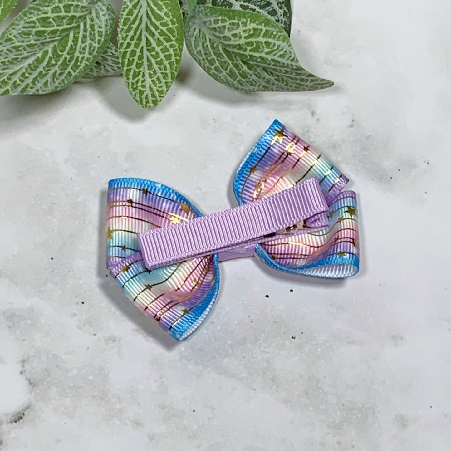 Pastel Ombre with Gold Stars Small Bow Hair Clip