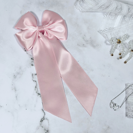 Pastel Pink Satin Bow with Tails Hair Clip