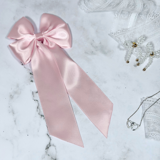 Pastel Pink Satin Bow with Tails Hair Clip