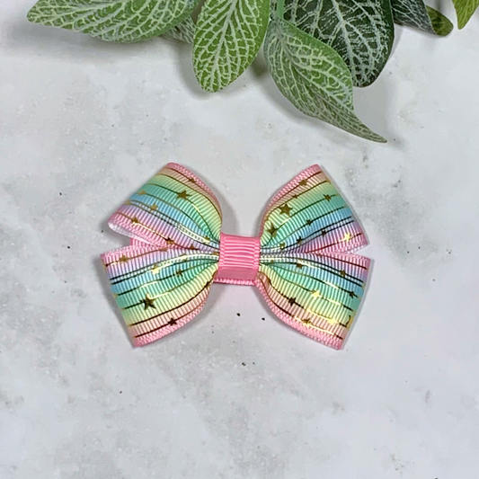 Pastel Stripes with Gold Stars Small Bow Hair Clip