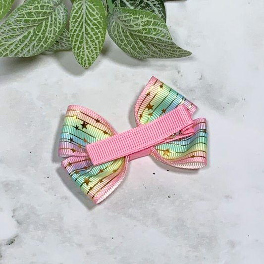 Pastel Stripes with Gold Stars Small Bow Hair Clip