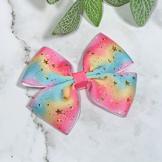 Multicoloured Pastel with Gold Stars Medium Bow Hair Clip