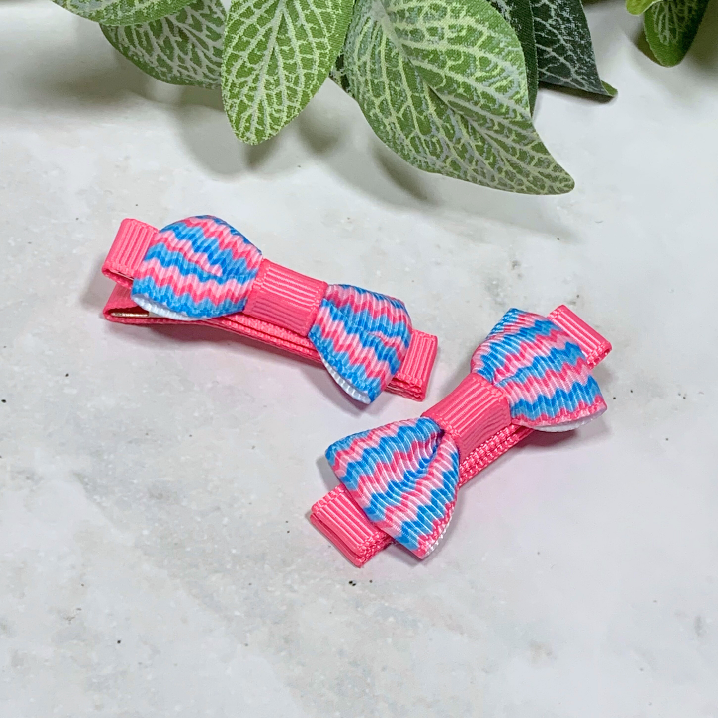 Pink & Blue Chevron Mini Bow Hair Clips - set of 2