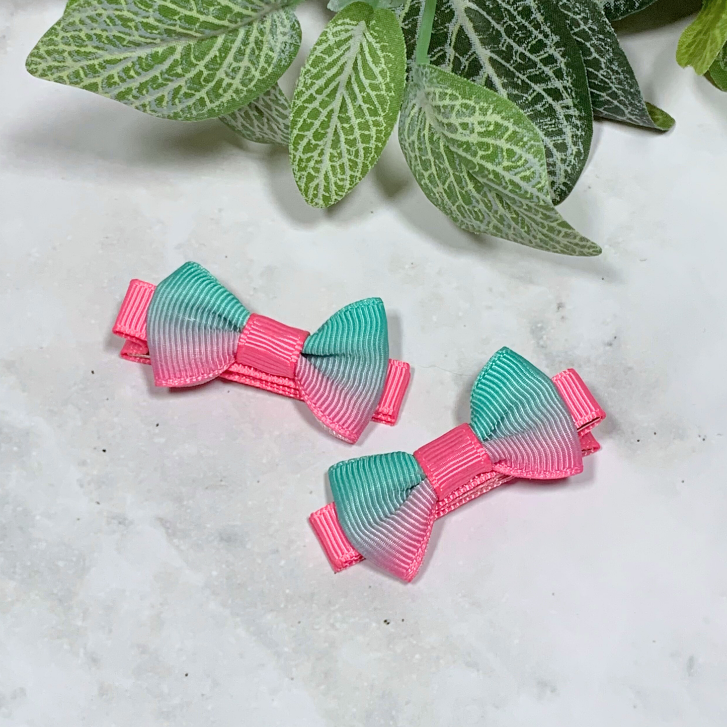 Pink & Aqua Ombre Mini Bow Hair Clips - set of 2