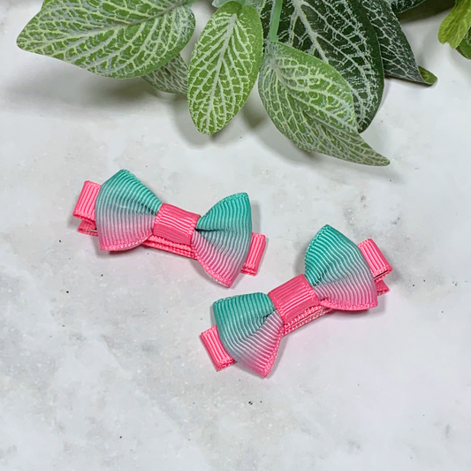 Pink & Aqua Ombre Mini Bow Hair Clips - set of 2