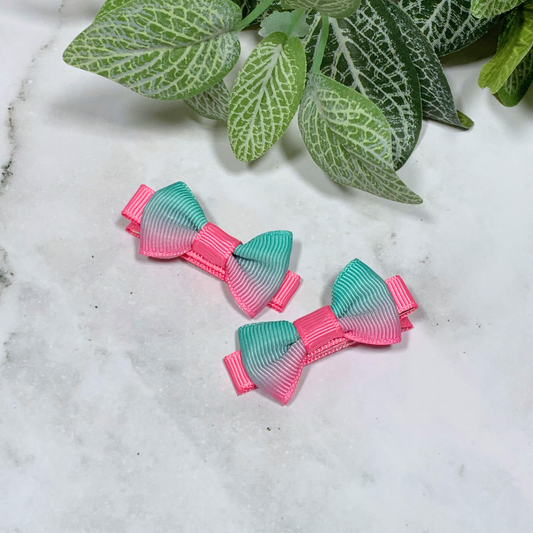 Pink & Aqua Ombre Mini Bow Hair Clips - set of 2