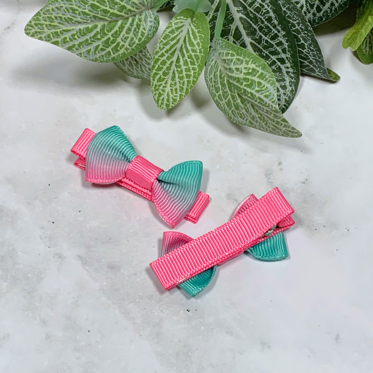 Pink & Aqua Ombre Mini Bow Hair Clips - set of 2