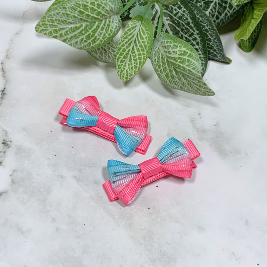 Pink & Blue Ombre with Silver Stars Mini Bow Hair Clips - set of 2