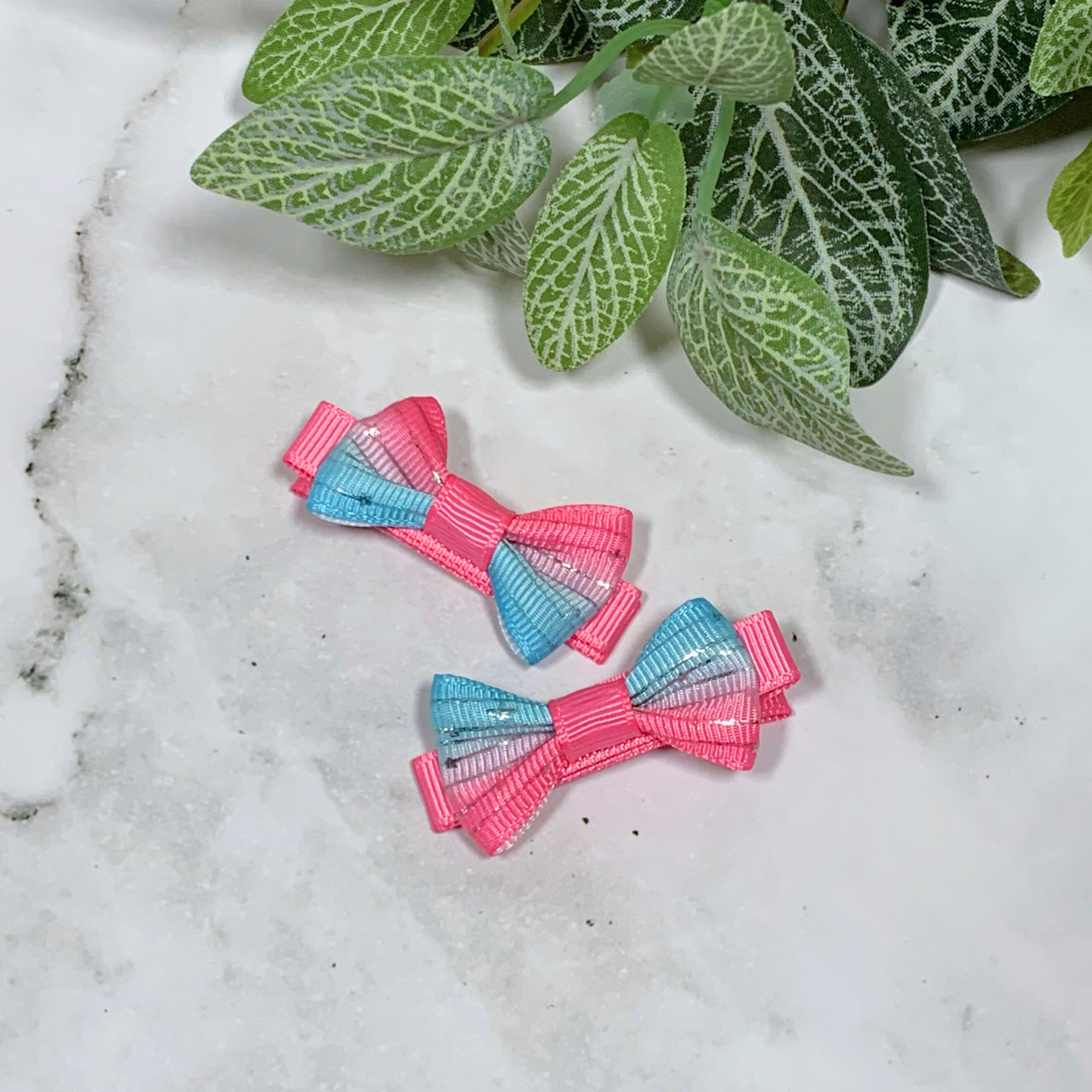 Pink & Blue Ombre with Silver Stars Mini Bow Hair Clips - set of 2