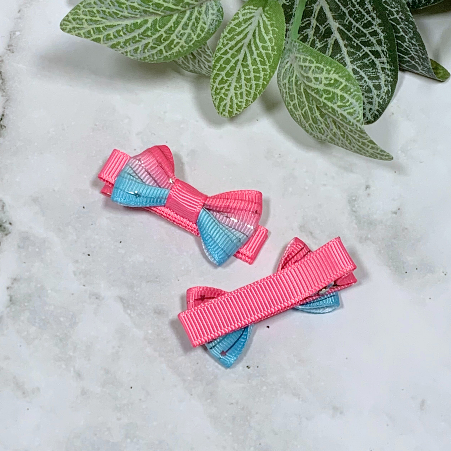 Pink & Blue Ombre with Silver Stars Mini Bow Hair Clips - set of 2