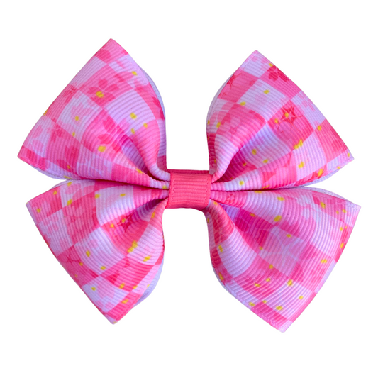 Pink Check Print Medium Double Bow Hair Clip