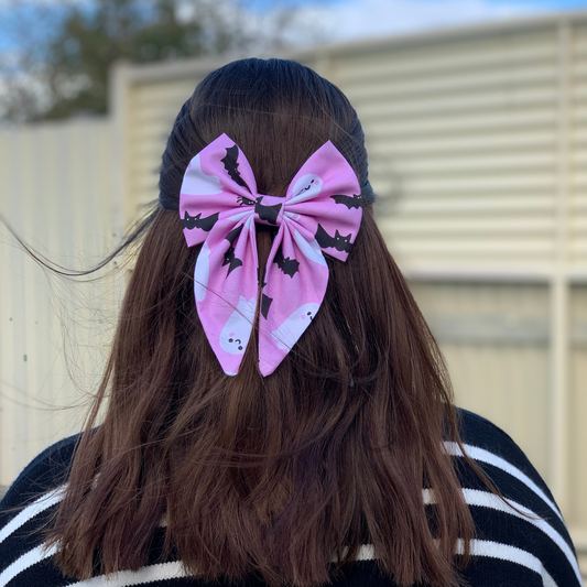 Pink Halloween Bow with Tails Hair Clip