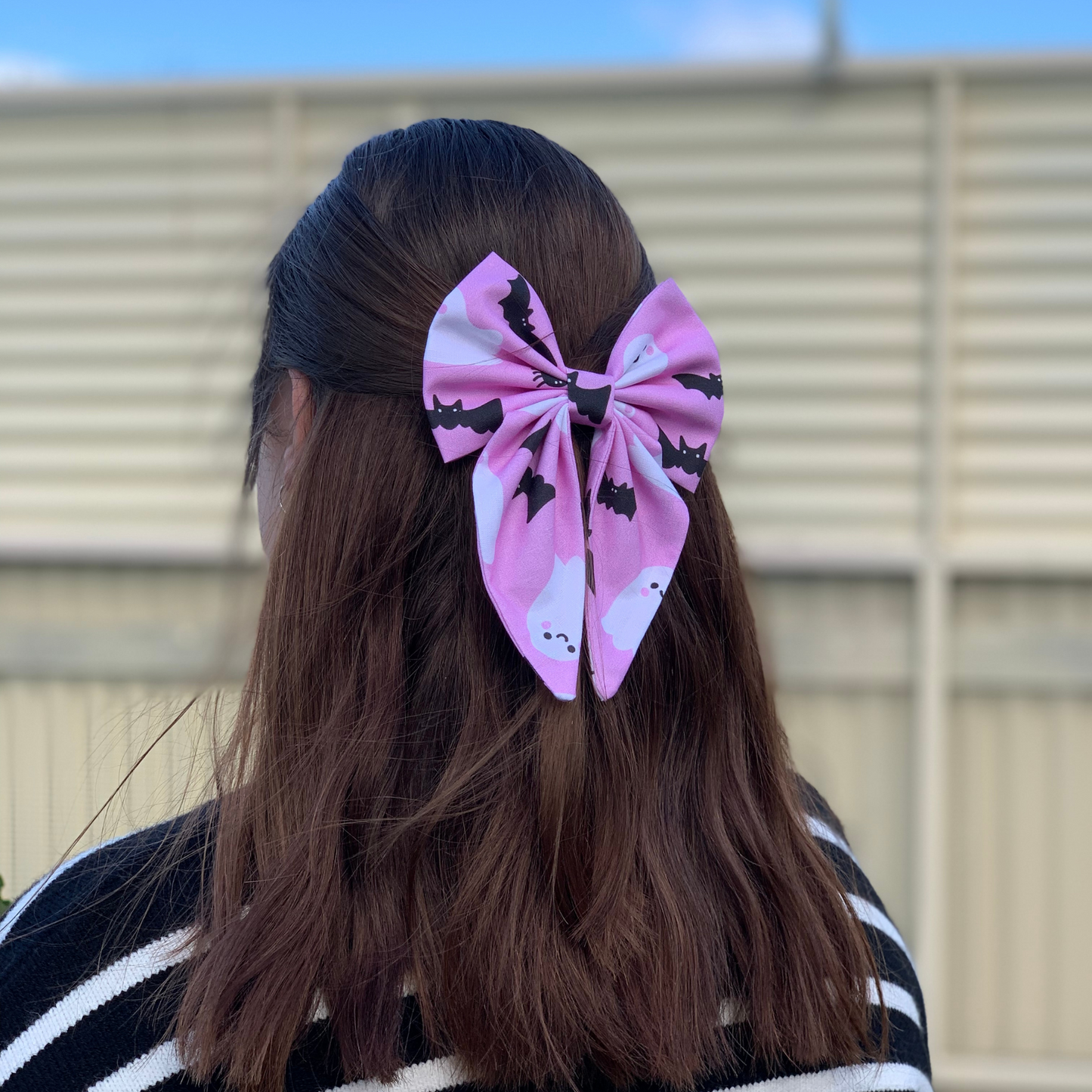 Pink Halloween Bow with Tails Hair Clip