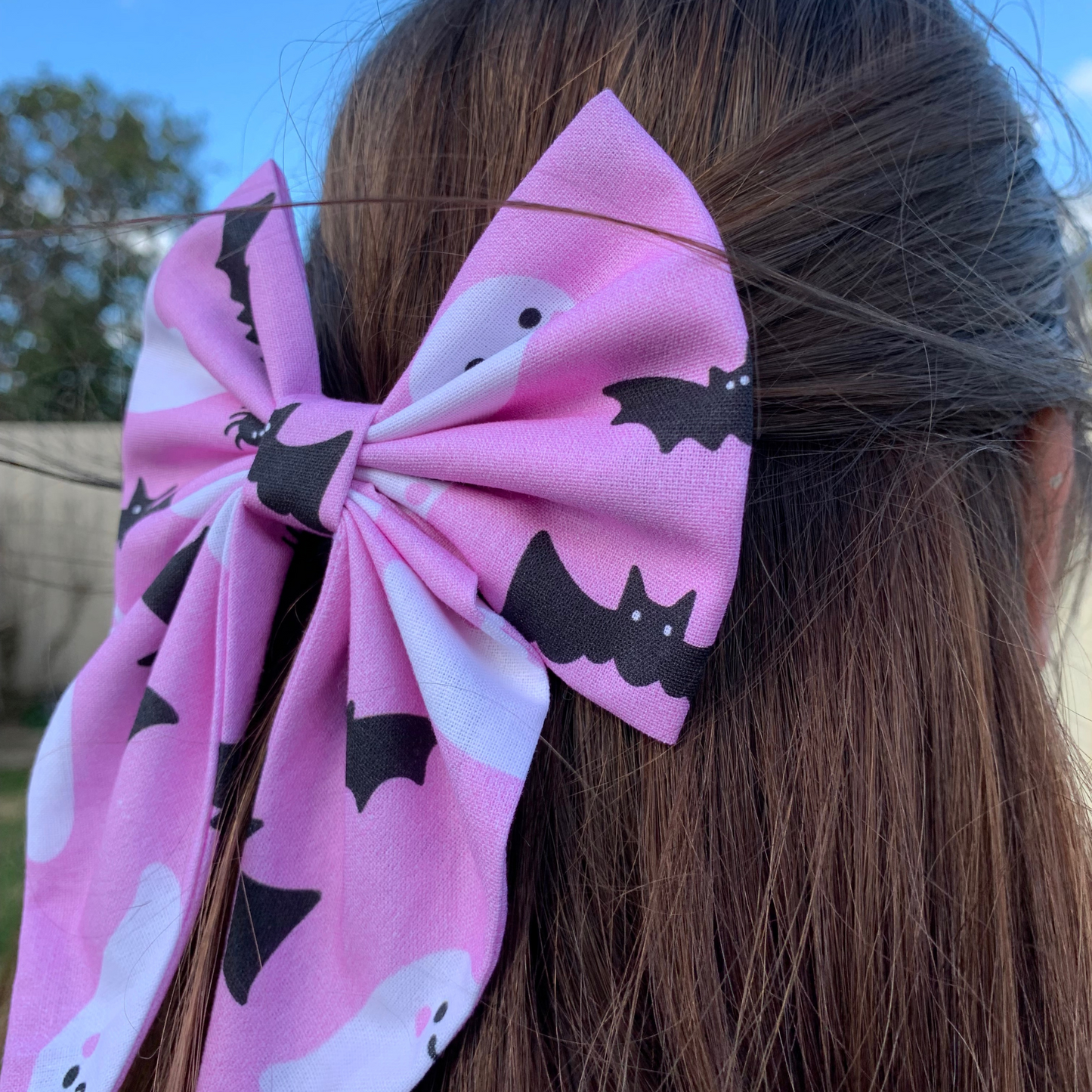 Pink Halloween Bow with Tails Hair Clip