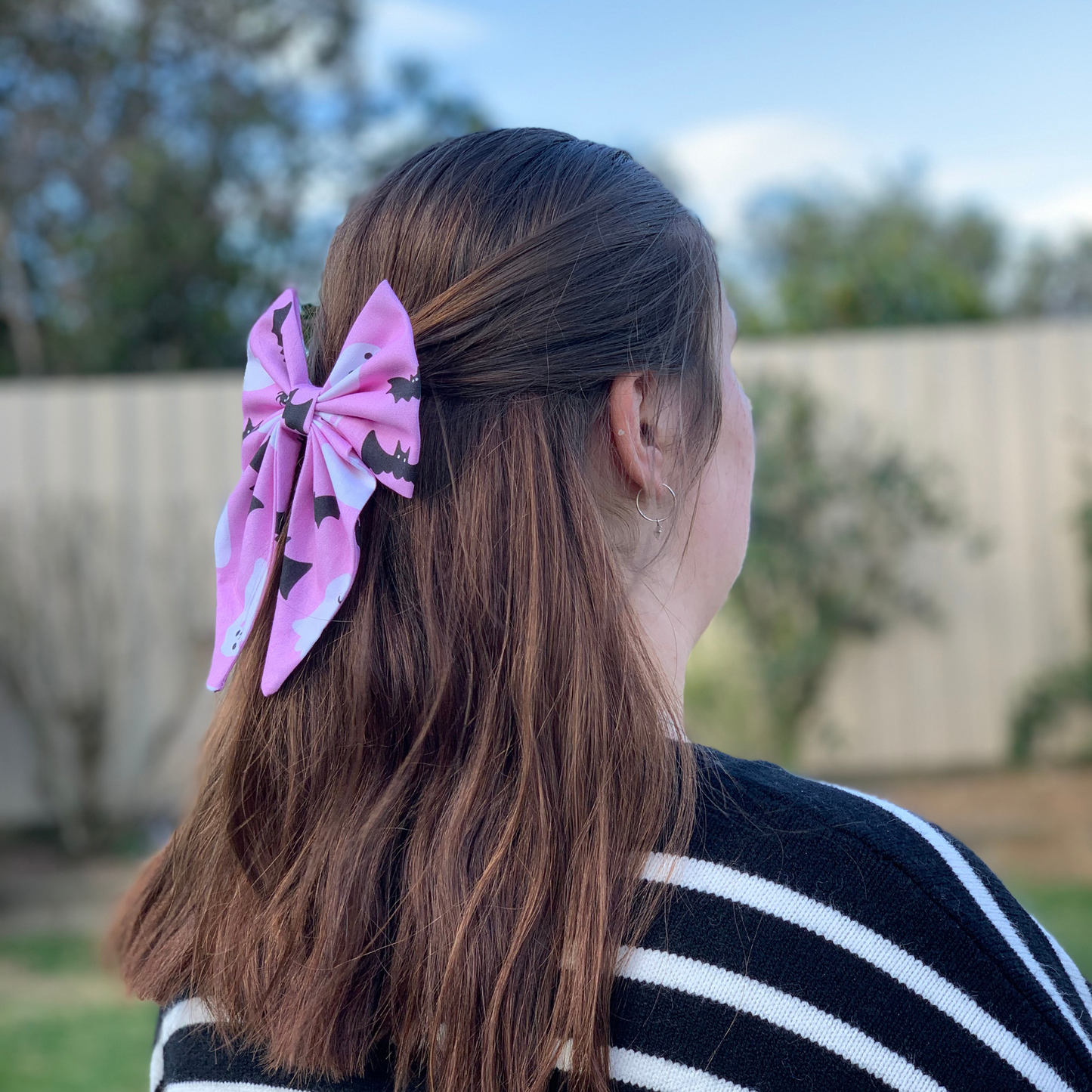 Pink Halloween Bow with Tails Hair Clip