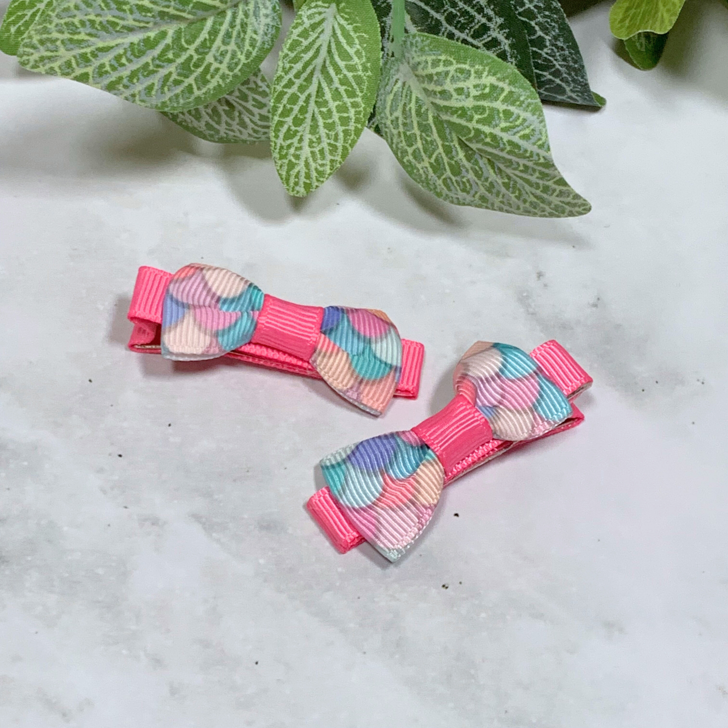 Pink Mermaid Scales Mini Bow Hair Clips - set of 2