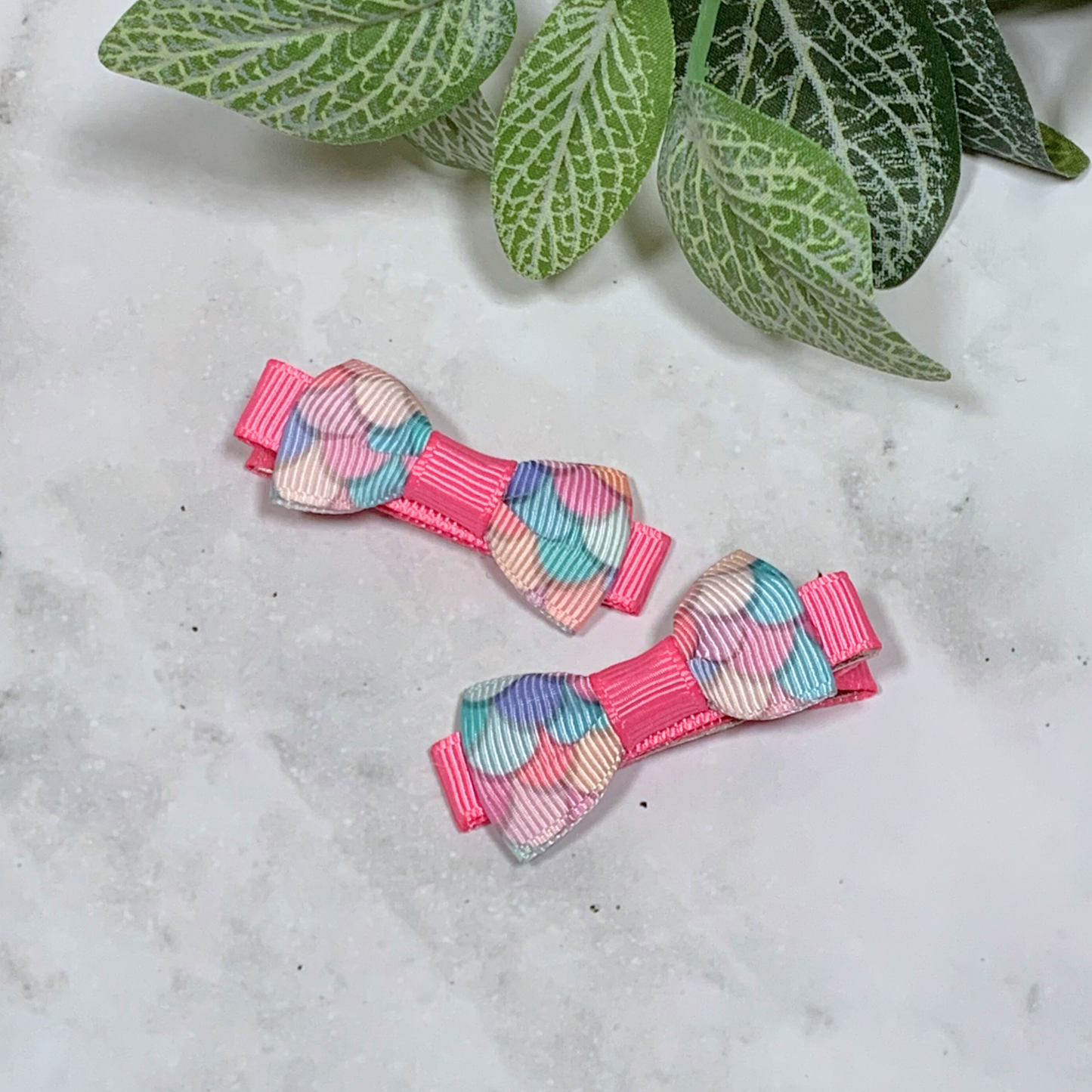 Pink Mermaid Scales Mini Bow Hair Clips - set of 2