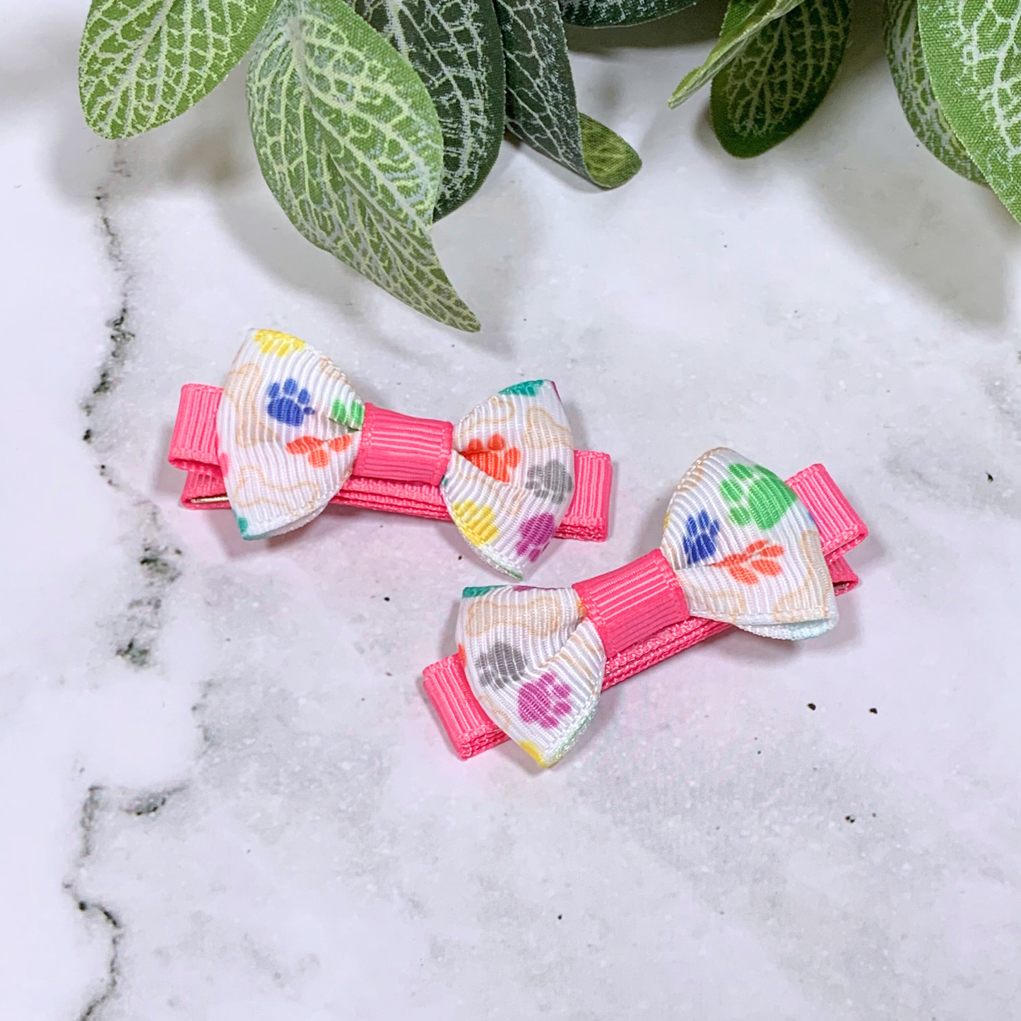 Pink Paw Prints Mini Bow Hair Clips - set of 2