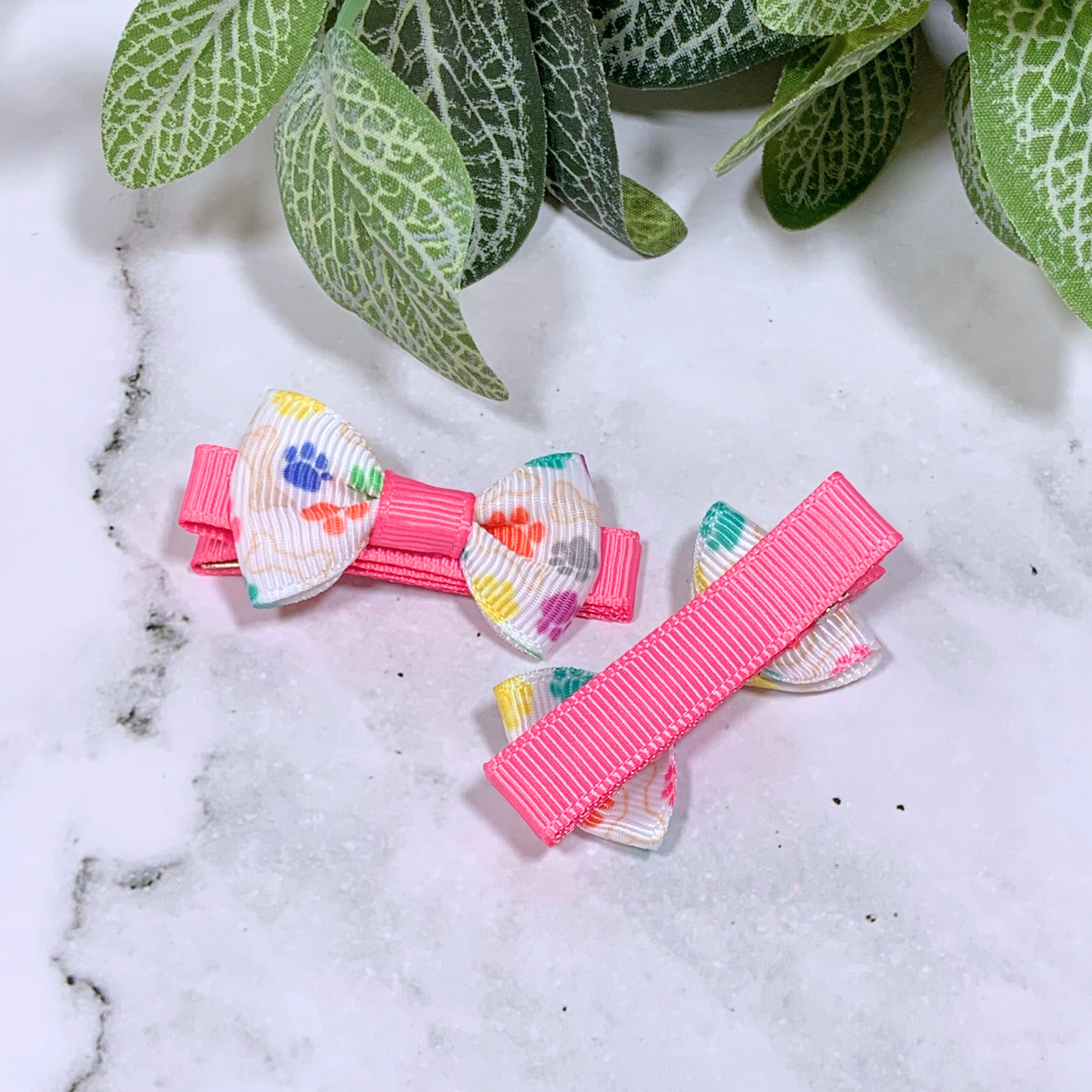 Pink Paw Prints Mini Bow Hair Clips - set of 2