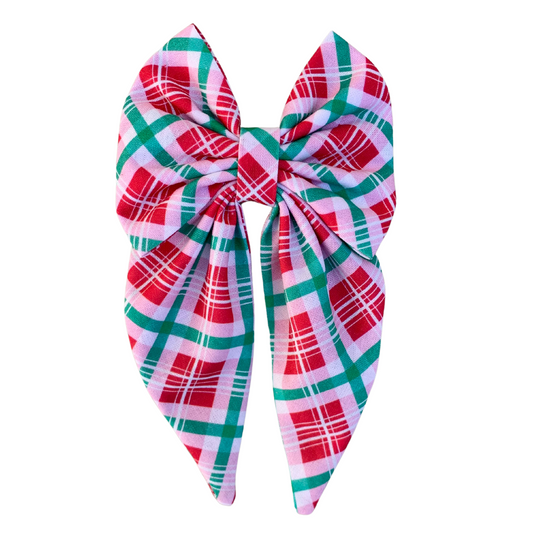 Pink Plaid Fabric Bow Hair Clip with Tails