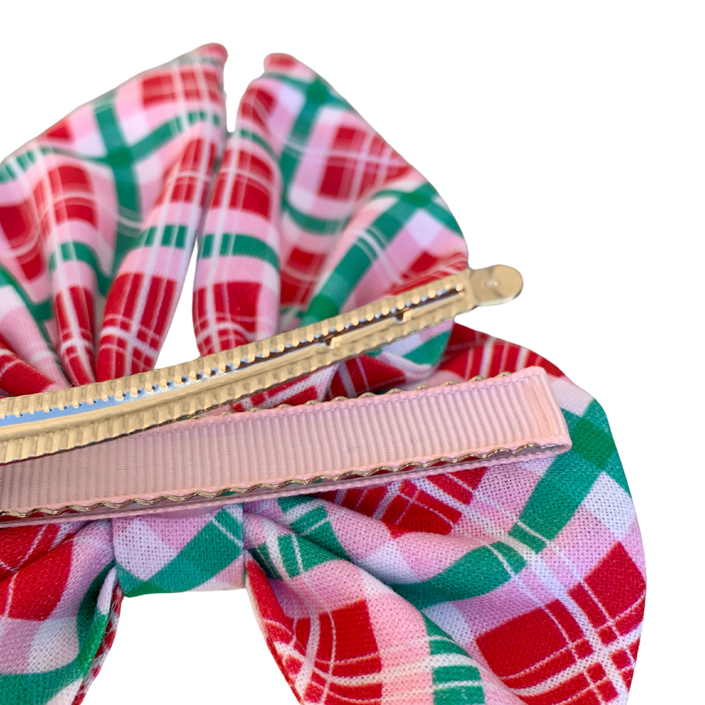 Pink Plaid Fabric Bow Hair Clip with Tails