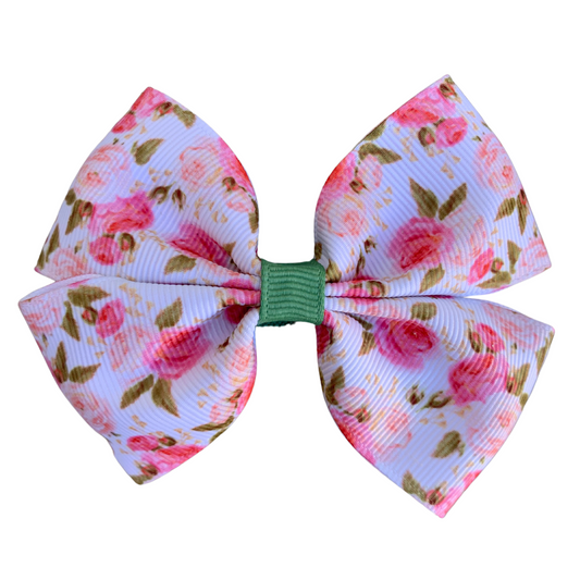 Pink Roses on White Print Medium Double Bow Hair Clip