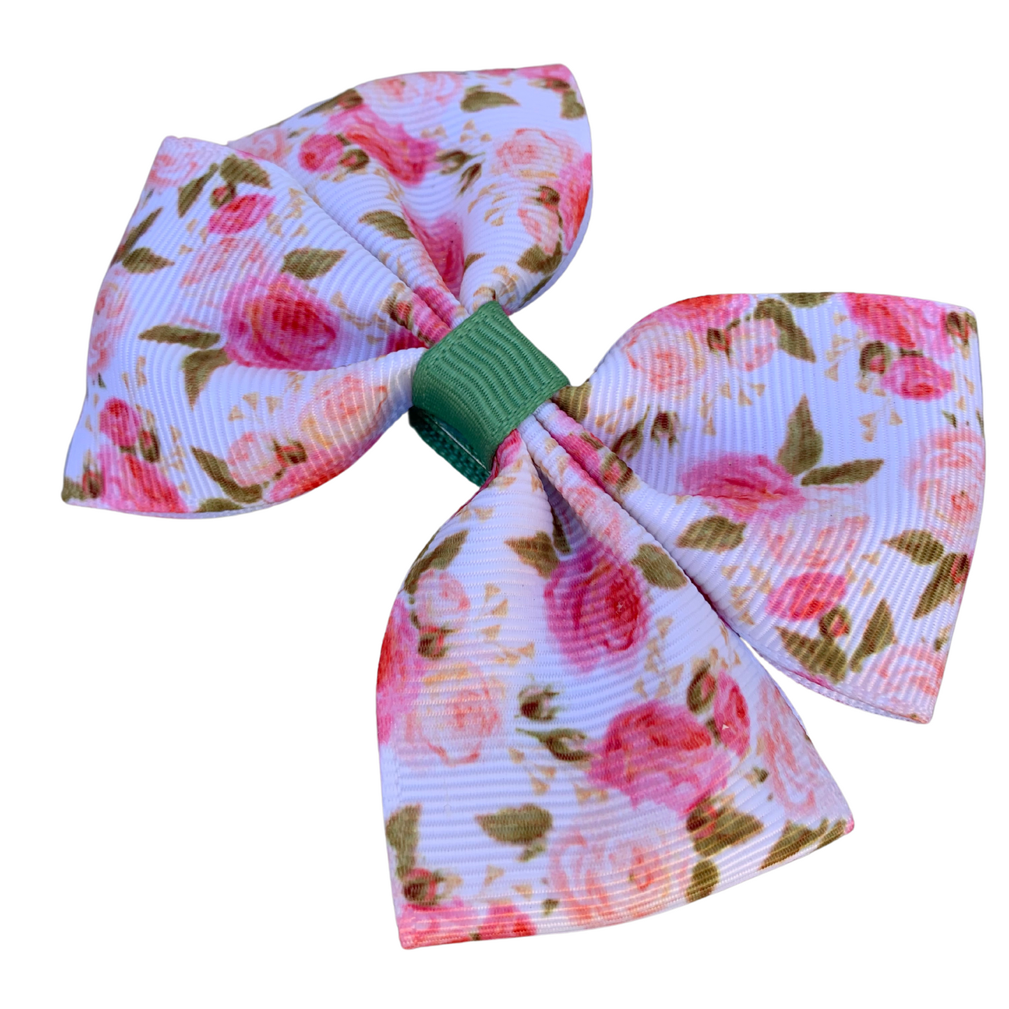 Pink Roses on White Print Medium Double Bow Hair Clip