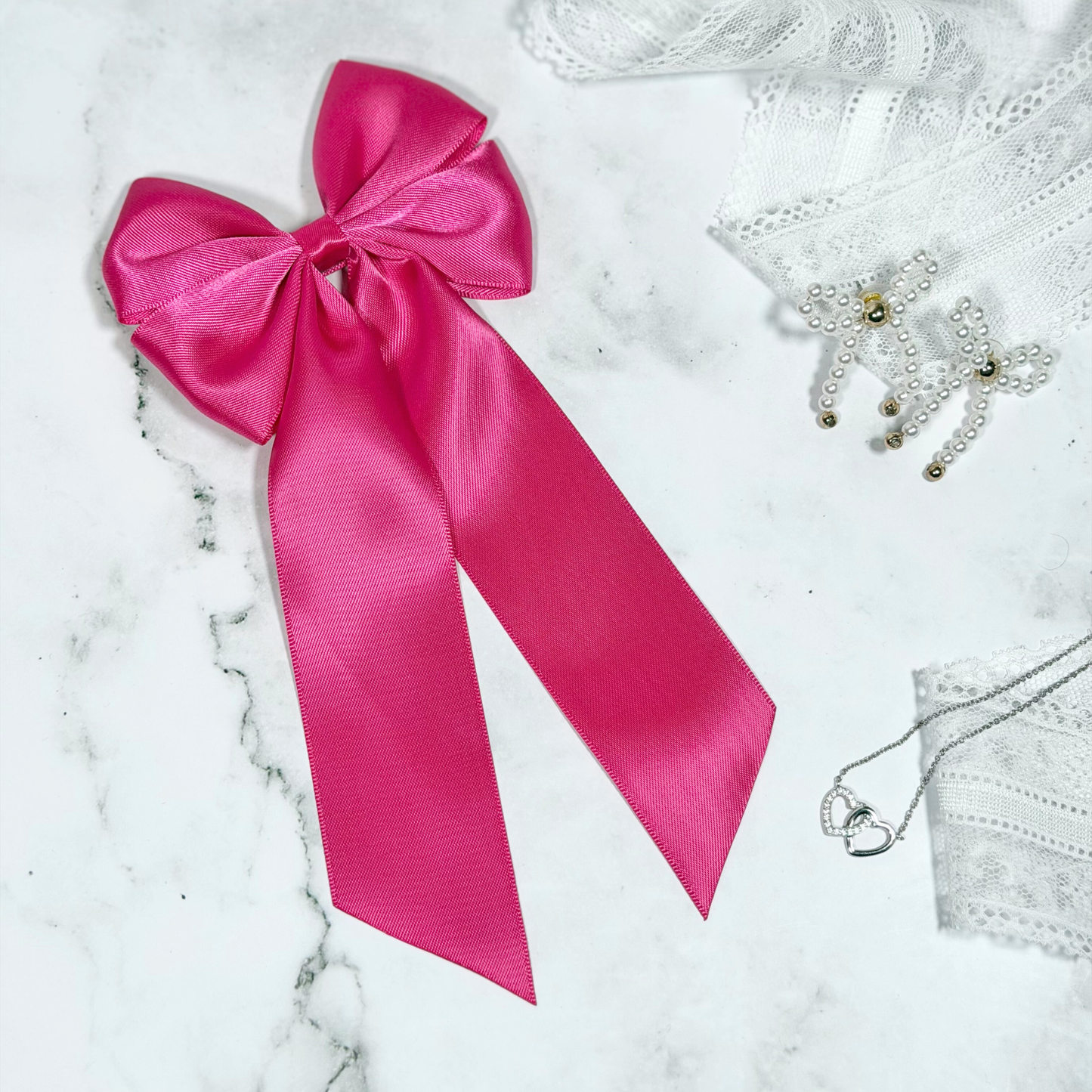 Pink Satin Bow with Tails Hair Clip