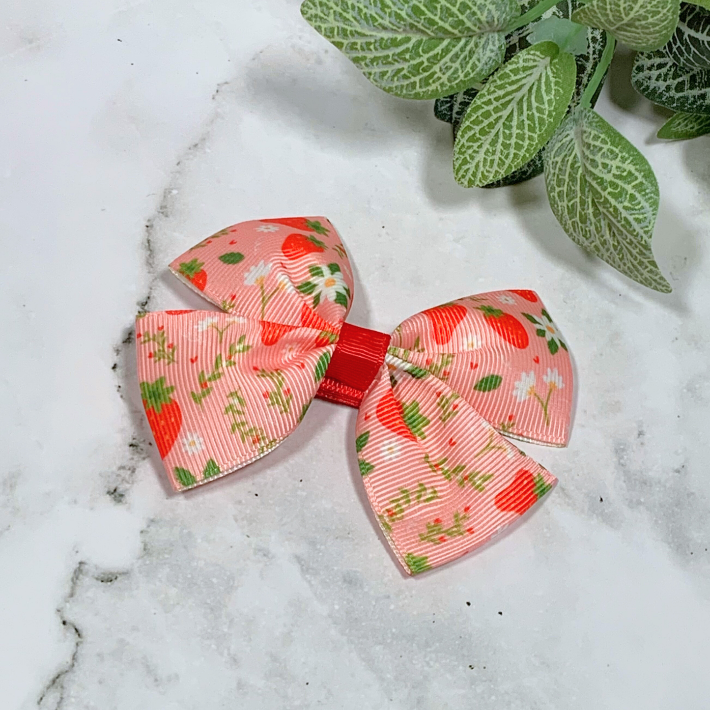 Pink Strawberry Medium Bow Hair Clip