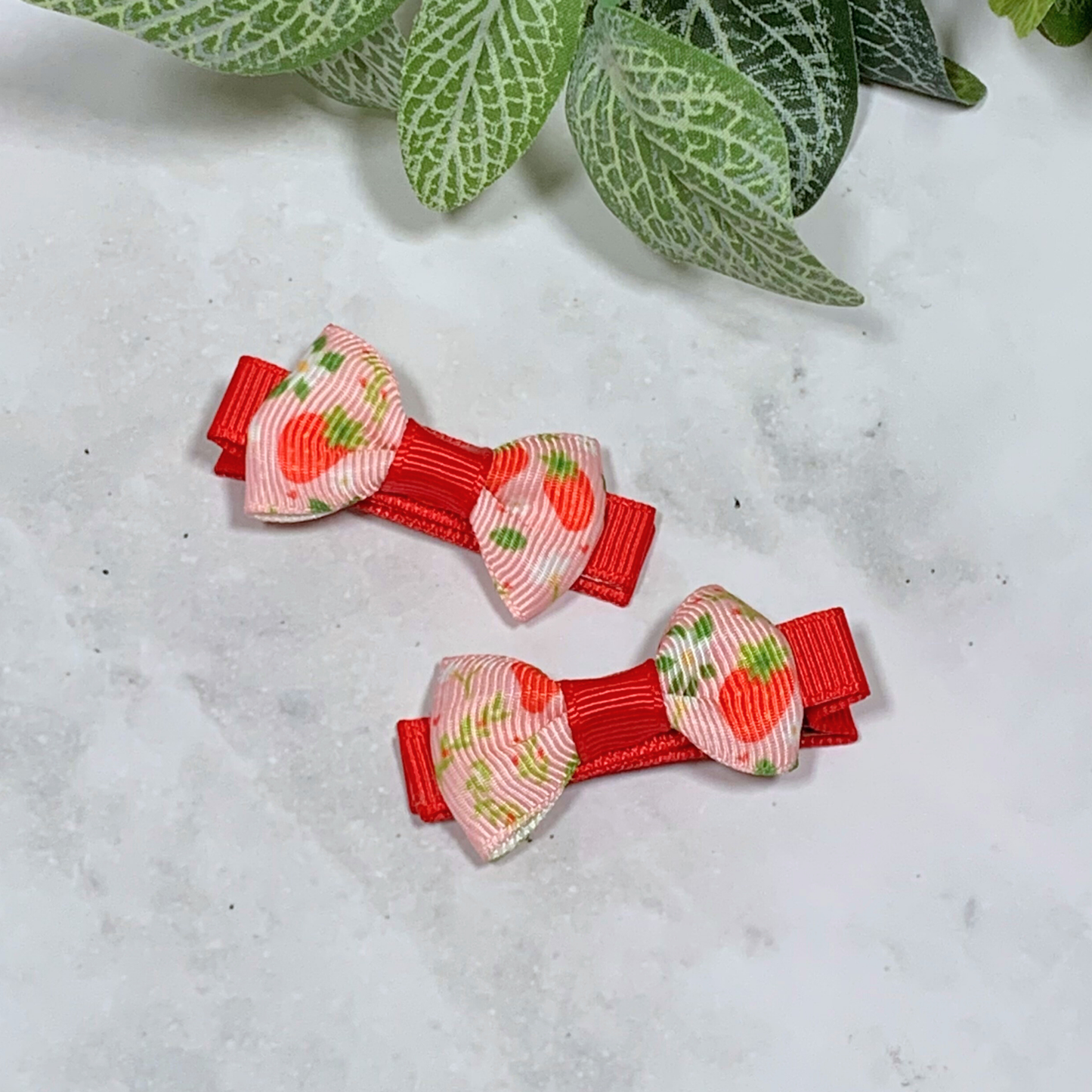 Pink Strawberry Mini Bow Hair Clips - set of 2