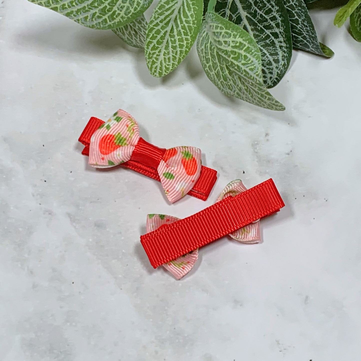 Pink Strawberry Mini Bow Hair Clips - set of 2