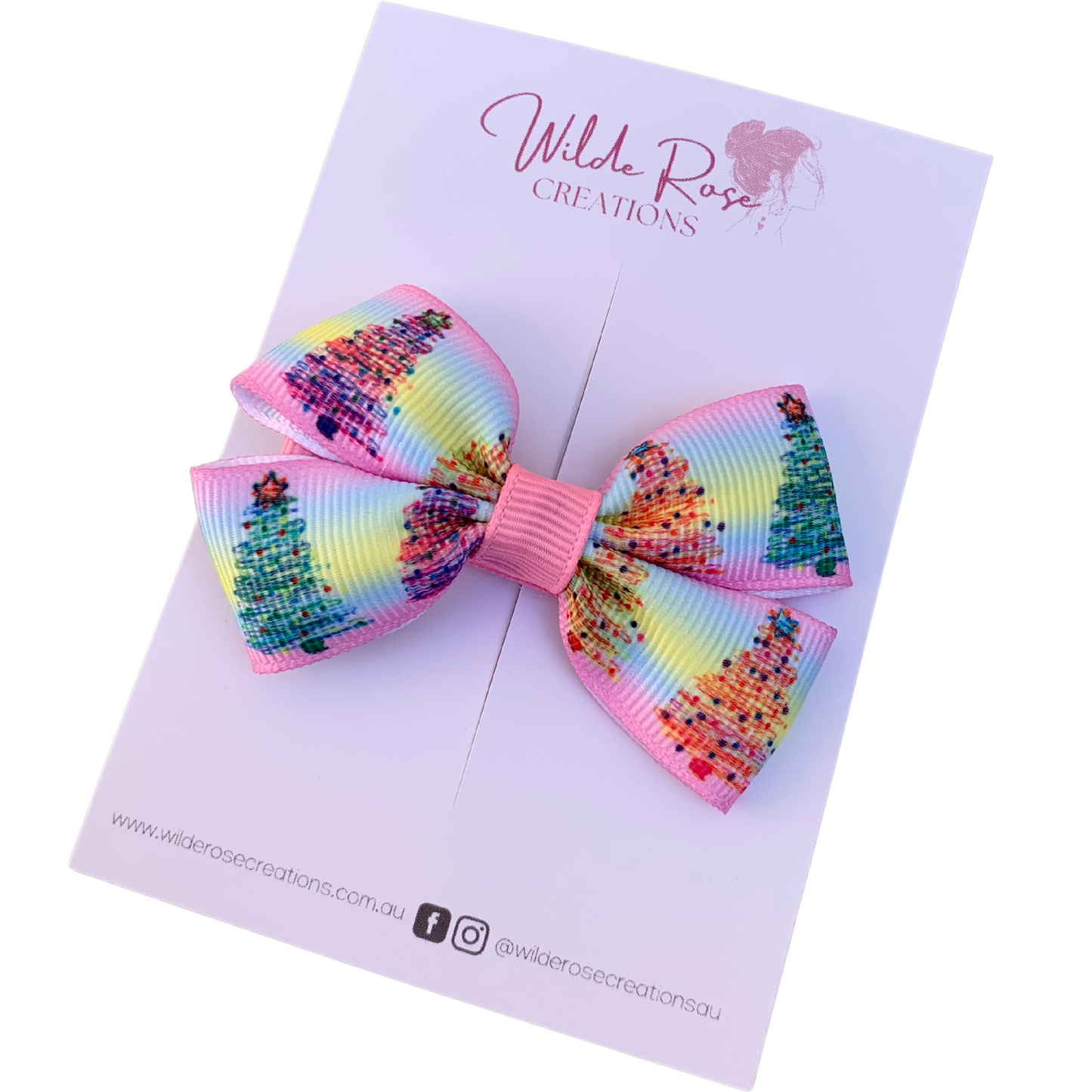 Pastel Christmas Trees Double Bow Hair Clip