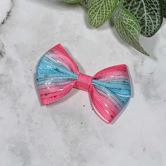 Pink & Blue Ombre with Silver Stars Small Bow Hair Clip
